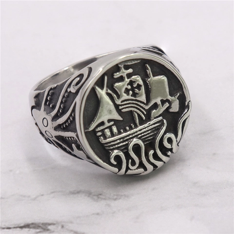 Anillo Da Sigillo Da Uomo In Acciaio Inossidabile Nautico Barca A Vela Polpo Kraken Punk Retro Gioielli