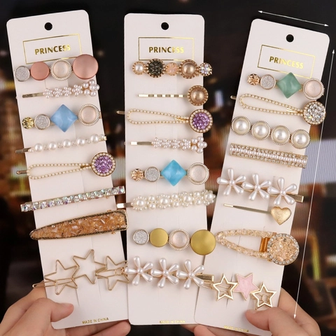 Korean Style Artificial Pearl Rhinestone Hair Clip Set For Women Fashion Bow Heart Star Hairpins Fringe Side Clip Jewelry