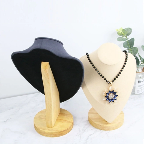 Necklace Display Stand Bust Jewelry Holder Portrait Neck Beech Wood Base Microfiber Leather Elegant Showcase Props