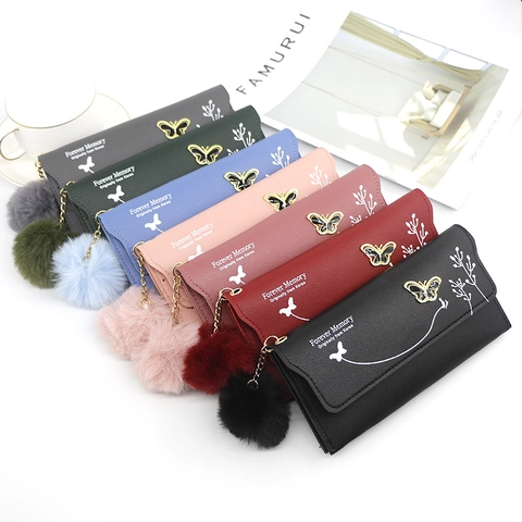 Damen Lang Geldbörse PU Leder Schmetterling Schnalle Pompon Anhänger Blumenmuster Mode Bifold Clutch Tasche Große Kapazität