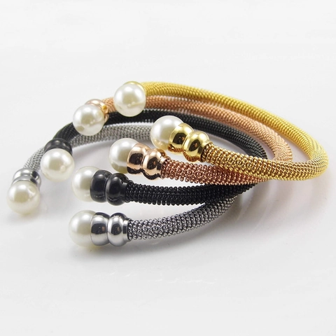 Edelstahl Netz Armreif Mit Künstliche Perlenimitat Eleganter Verstellbarer Gedrehter Bangle Für Damen