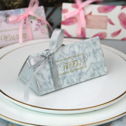Triangle Candy Boxes Wedding Party Favor Gift Boxes Paper Cardboard With Ribbon Marble Floral Pattern Elegant Celebration