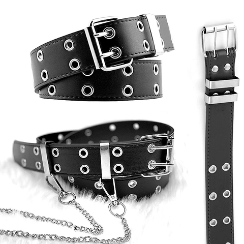 Double Row Grommet Belt PU Leather With Detachable Metal Chain Punk Rock Hip Hop Style Waistband For Jeans