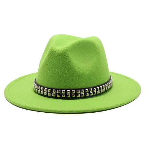 Wide Brim Wool Felt Fedora Hat With Double Row Square Rivet Studded Leather Band Punk Style Jazz Hat For Men Women