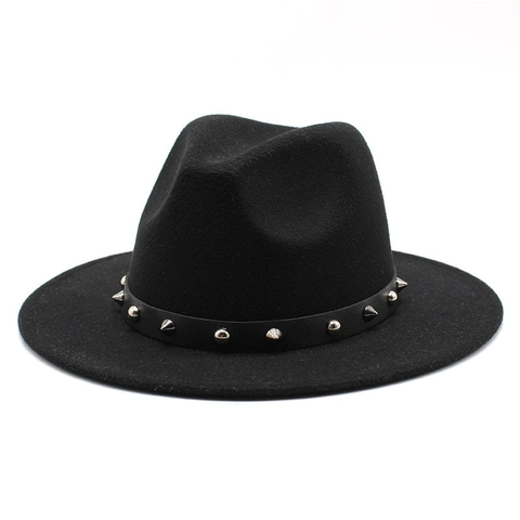 Vintage Punk Wollen Vilt Fedora Hoed Voor Dames Heren Klinknagels Gesp Brede Rand Jazz Hoed Herfst Winter Warme Muts