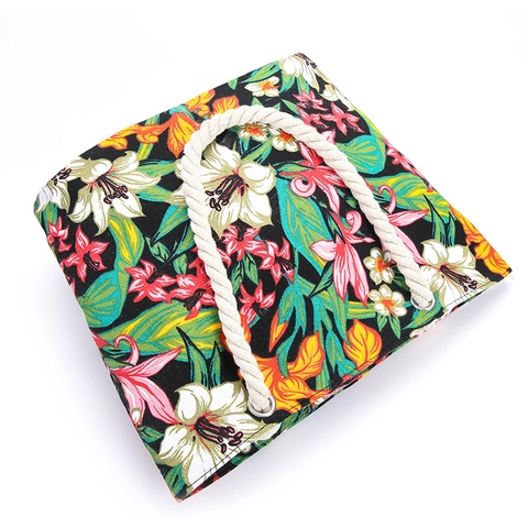 Große Kapazität Canvas Tote Bag Mit Baumwollseilgriff Tropischer Blumendruck Reißverschluss Strandhandtasche Für Frauen