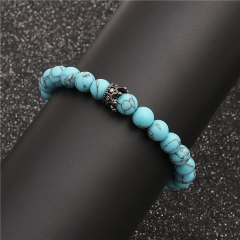 Blue Turquoise Beaded Bracelet With Black Copper Alloy Crown Charm And Zirconia Punk Fashion Retro Jewelry