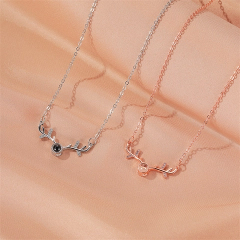 Copper Alloy Reindeer Antler Projection Pendant Necklace Rhinestone I Love You Elegant Jewelry Gift For Women Valentine Christmas