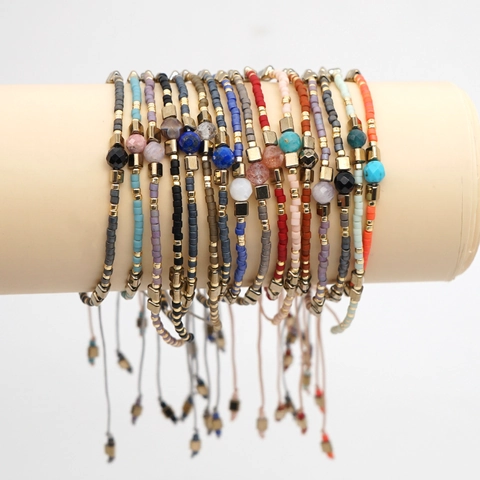 Böhmisches Handgewebtes Armband Glasperlen Edelstein Künstliche Perle Gold Metall Spacer Verstellbare Kordel Damen Ethno Schmuck
