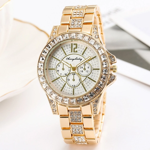 Luxury Rhinestone Alloy Women's Quartz Watch With Full Star Sparkling Dial Analog Three-Eye Fashion Casual Wristwatch Jewelry Gift
