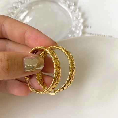 Orecchini A Cerchio Con Trama A Spiga Di Grano Intrecciati Geometrici In Acciaio Inossidabile Placcato Oro 18K Da Donna