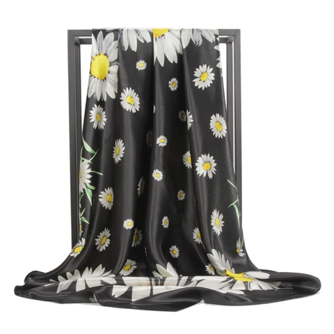 Women Square Scarf Satin Faux Satin Elegant Daisy Flower Print Summer Neck Head Wrap