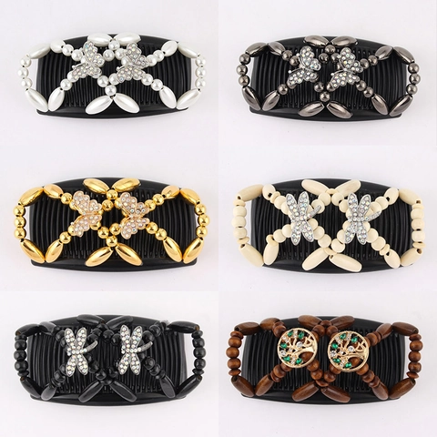 Pettini Capelli Magici Doppia Fila Perline Plastica Legno Perle Metallo Strass Farfalla Libellula Fiore Acconciatura