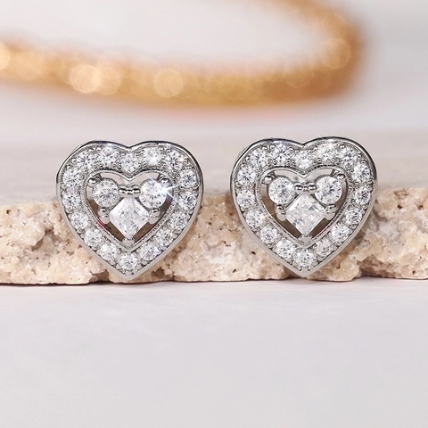 Heart Stud Earrings Copper Zircon Micro Pave Double Layer White Gold Plated Delicate Fashion Jewelry For Women