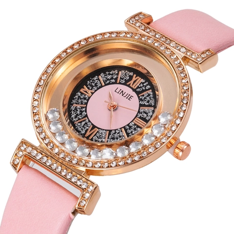 Fashion Women Quartz Watch Starry Sky Dial With Sliding Diamonds Rhinestone Alloy Case Leather Strap Wristwatch
