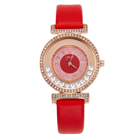 Fashion Women Quartz Watch Starry Sky Dial With Sliding Diamonds Rhinestone Alloy Case Leather Strap Wristwatch