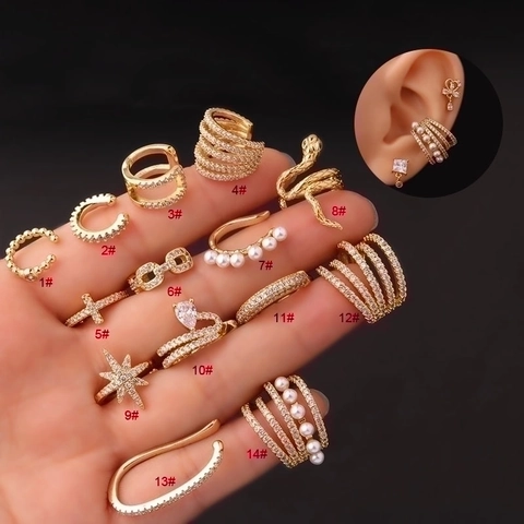 Fashion Ear Cuff Stud Earrings Micro Inlaid Zircon Faux Artificial Pearl Non Pierced Copper Jewelry For Women