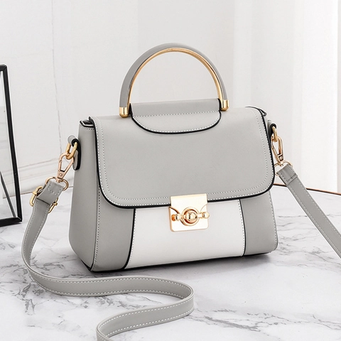 Women Fashion Color Block Handbag PU Leather Metal Top Handle Shoulder Crossbody Bag With Twist Lock Elegant Trendy