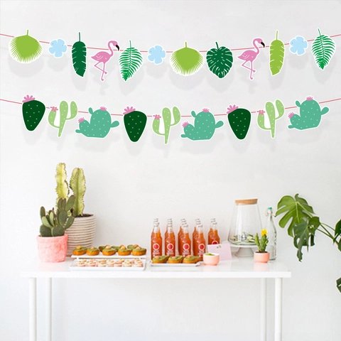 Tropical Theme Party Banner Paper Dinosaur Flamingo Cactus Garland For Birthday Summer Beach Decoration Cartoon Style