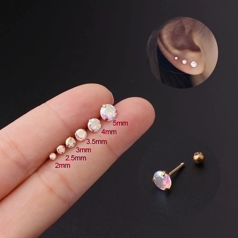 Orecchino Cartilagine Orecchio In Zircone AB Rotondo Iridescente Acciaio Inossidabile Placcato Oro Sfera Vite Piercing Helix