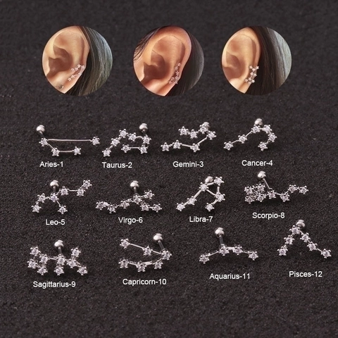 Zodiac Sterrenbeeld Oorkraakbeen Studs Roestvrij Staal En Koper Zirkonia Piercing Oorbellen Mode Sieraden