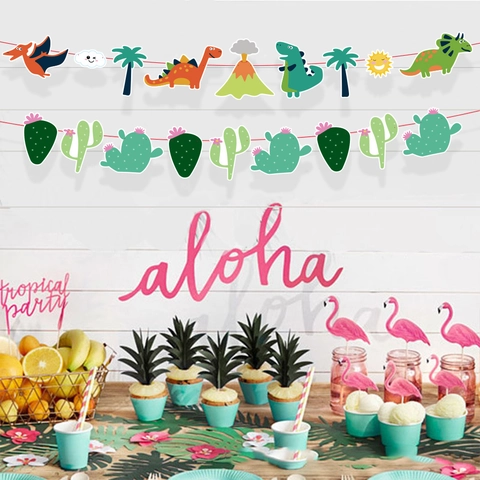 Tropical Theme Party Banner Paper Dinosaur Flamingo Cactus Garland For Birthday Summer Beach Decoration Cartoon Style