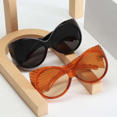 Oversized Round Sunglasses PC Frame Textured Wide Temple UV400 Protection Retro Future Style Fashion Eyewear For Women