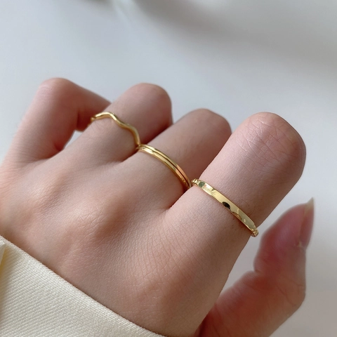 Anelli Minimalisti In Argento Sterling 925 Placcato Oro Regolabili Con Onde Scanalate E Perline Per Donne Gioielli