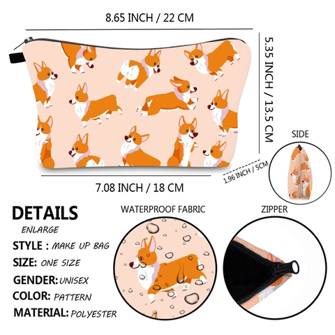 Neceser Con Estampado De Perro Corgi Impermeable Poliéster Piel De Melocotón Bolsa De Maquillaje Suave Organizador De Viaje Mujer