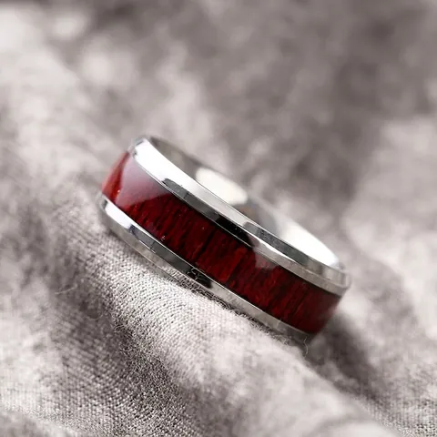 Titanium Stalen Ring Met Houten Inleg Vintage Rode Houtnerf Gepolijst Industrieel Sieraden Voor Heren