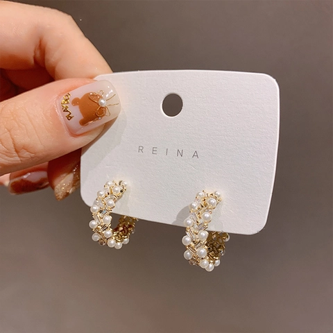 Orecchini A Cerchio A C Con Künstliche Perle E Zirconia 925 Argento Sterling Perno Orecchino Elegante Placcato Oro Per Donna