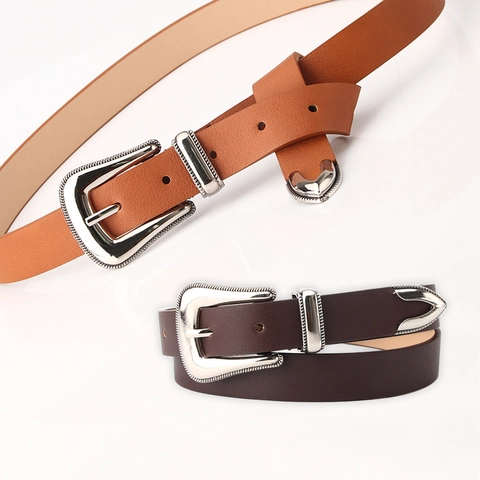 Womens Western Retro PU Leder Gürtel Mit Gravierter Legierung Schnalle Vintage Schmaler Taillengürtel
