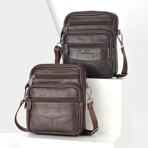 Men Genuine Leather Crossbody Bag Multi Pocket Waist Belt Pouch Top Layer Cowhide Litchi Texture Shoulder Handbag