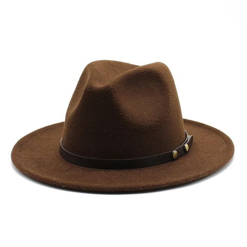 Fedora Hat Wide Brim Wool Felt Jazz Cap With Leather Band Metal Rivets Vintage Solid Color For Men Women Unisex