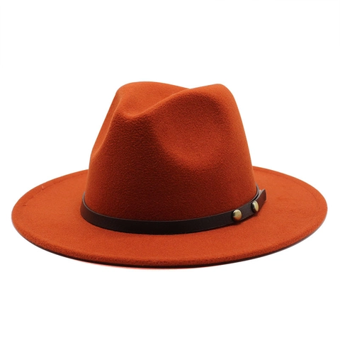 Fedora Hat Wide Brim Wool Felt Jazz Cap With Leather Band Metal Rivets Vintage Solid Color For Men Women Unisex