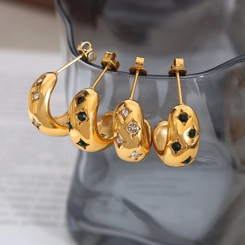 Pendientes Botón Acero Inox Retro En C Para Mujer Con Zircón Estrella Chapado Oro 18K Joyería Geométrica