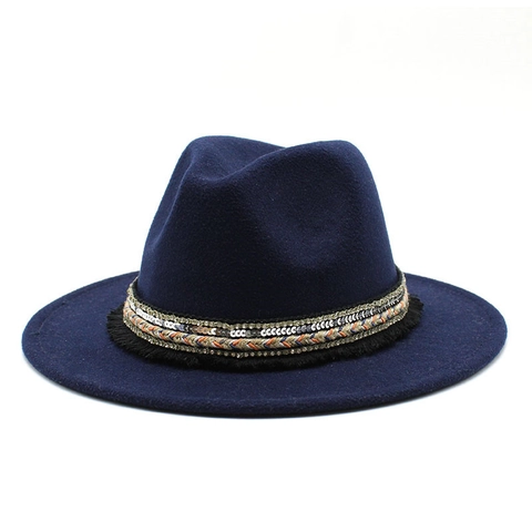 Vintage Wool Felt Fedora Hat Wide Flat Brim Jazz Cap With Bohemia Sequined Ribbon Tassel For Men Women Elegant Winter Autumn