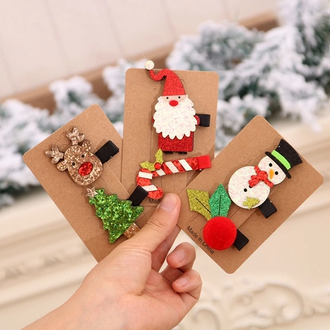 Pinzas Para El Pelo De Navidad Tela Brillante Papá Noel Muñeco De Nieve Reno Horquillas Accesorios De Fiesta Para Niñas