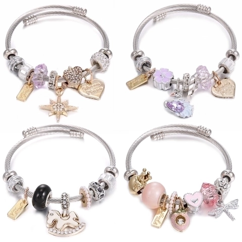 Bracciale Rigido In Acciaio Inossidabile Con Ciondoli In Lega Smalto Strass Stella Cuore Cavallo Da Donna