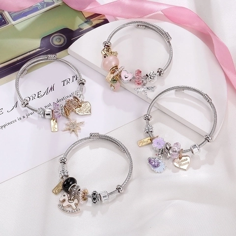 Bracciale Rigido In Acciaio Inossidabile Con Ciondoli In Lega Smalto Strass Stella Cuore Cavallo Da Donna