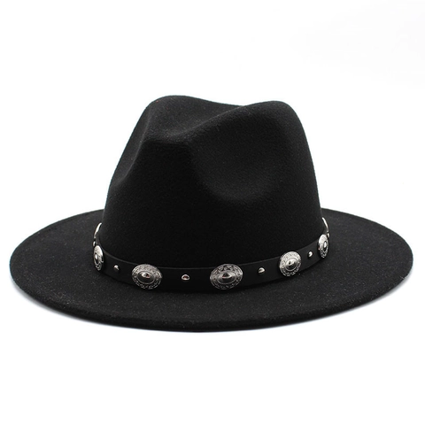 Vintage Fedora Hat Wool Felt Wide Brim Jazz Cap With Metal Studded Belt Western Bohemian Style For Men Women