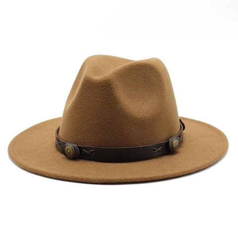 Fedora Hat Woolen Felt With Leather Band And Metal Rivets Wide Brim Vintage Jazz Cap For Outdoor Travel Autumn Winter