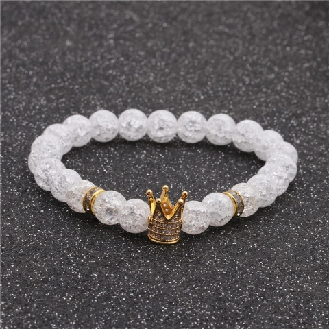 Crackle Glass Beaded Bracelet With Rhinestone Crown Charm Alloy Spacers Fashion Jewelry For Men Women