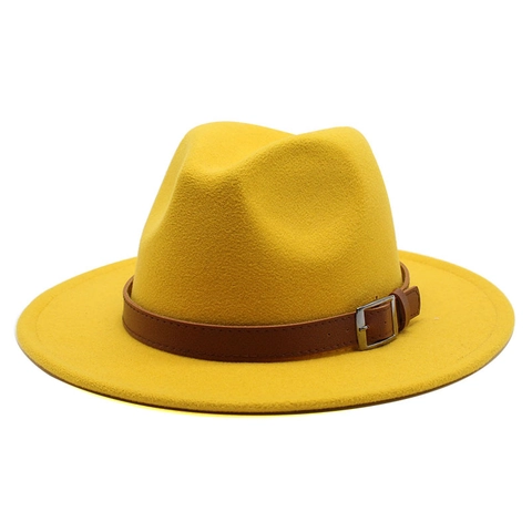 Classic Fedora Hat Wool Felt Wide Flat Brim Vintage British Style With Leather Band Metal Buckle For Men Women
