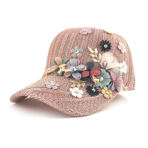 Casquette De Baseball En Tricot Pour Femmes Avec Fleurs En Tissu Künstliche Perles Et Feuilles En Métal Chapeau Ajustable