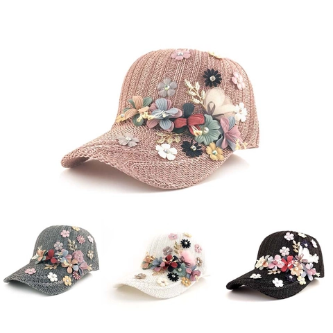 Casquette De Baseball En Tricot Pour Femmes Avec Fleurs En Tissu Künstliche Perles Et Feuilles En Métal Chapeau Ajustable