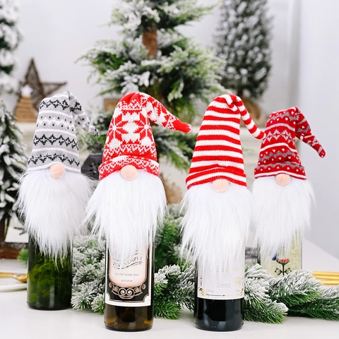 Christmas Wine Bottle Covers Knitted Fabric Artificial Fur Gnome Design Snowflake Stripe Pattern Festive Party Table Decor