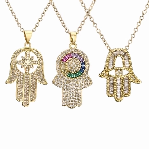 Hamsa Hand Evil Eye Pendant Necklace Copper Micro Pave Colorful Zircon Clavicle Chain Jewelry For Women