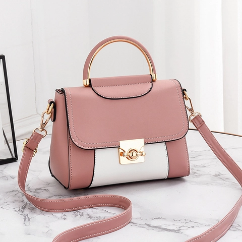 Women Fashion Color Block Handbag PU Leather Metal Top Handle Shoulder Crossbody Bag With Twist Lock Elegant Trendy