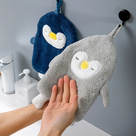 Asciugamano Da Mani Appeso Pinguino Cartone Animato Ultra Assorbente Morbido Pile Di Corallo Microfibra Per Bagno Cucina Asciugatura Rapida
